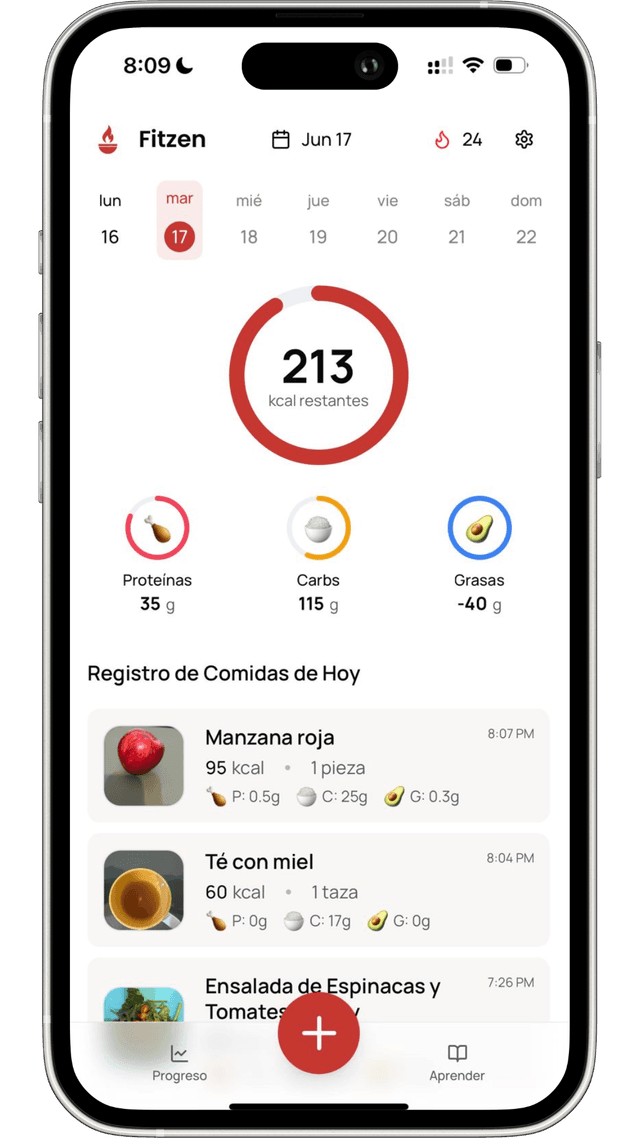 Fitzen App Interface showing daily nutrition tracking